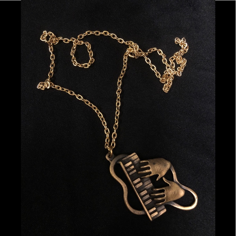 Gold Brass Tone Piano Jazz Pendant Necklace - Women Jewelry